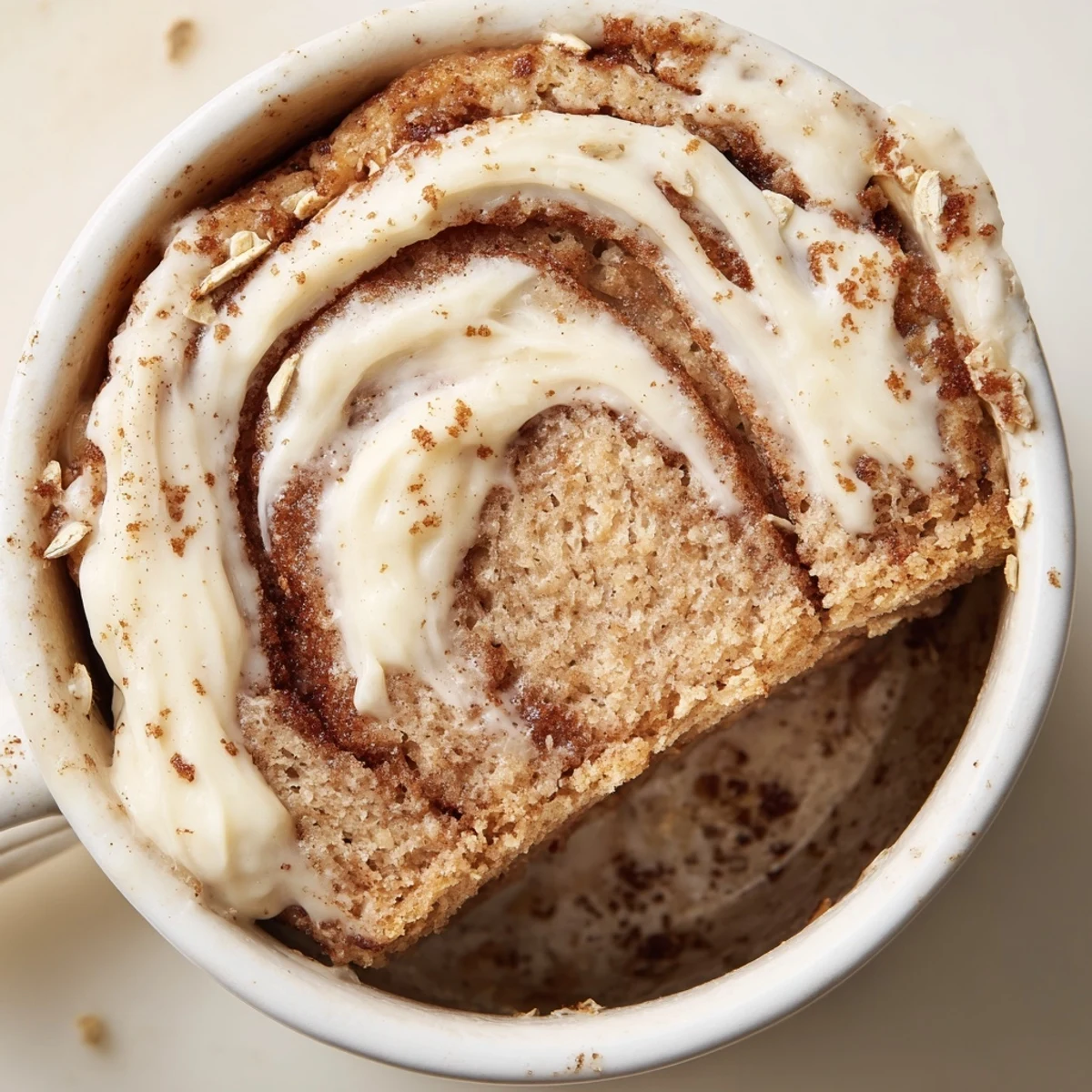 Fluffy cinnamon-swirled cottage cheese mug cake steaming in a ceramic mug with golden swirls