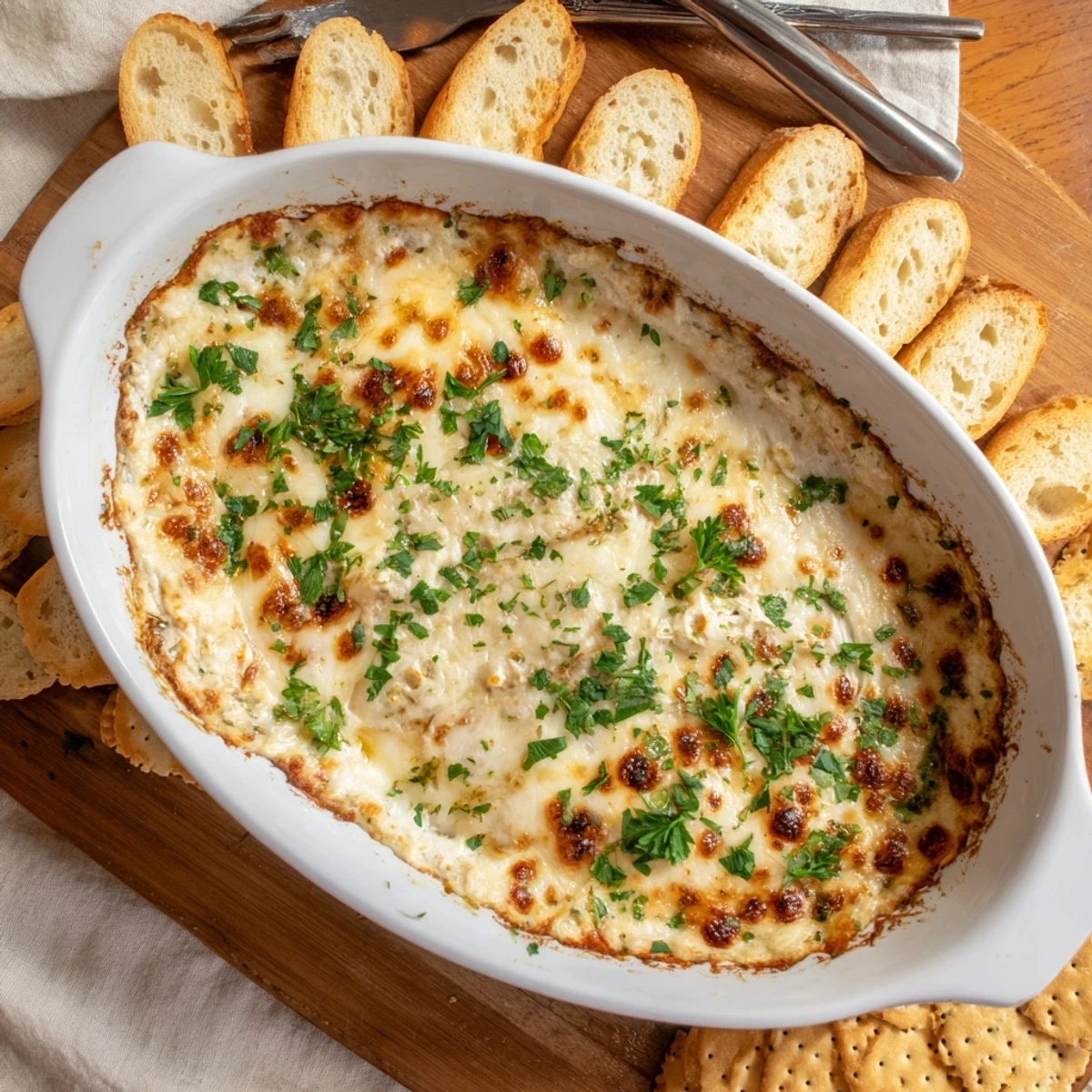Golden bubbly cheesy garlic white pizza dip served warm with crusty bread slices