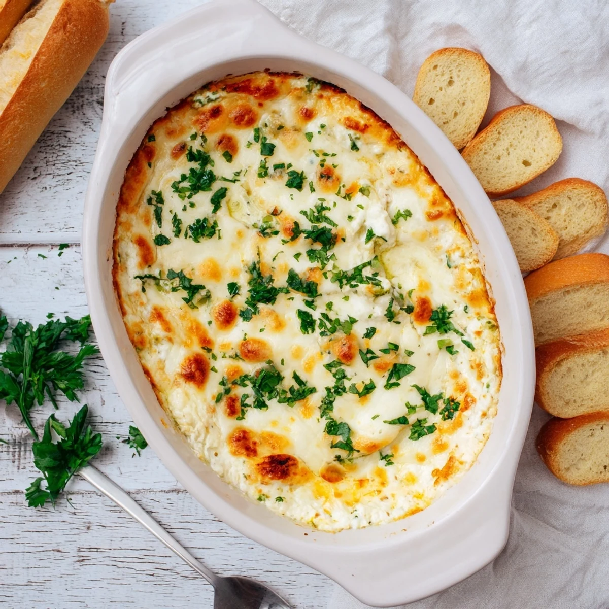 Creamy white pizza dip topped with melted mozzarella and fresh roasted garlic herbs