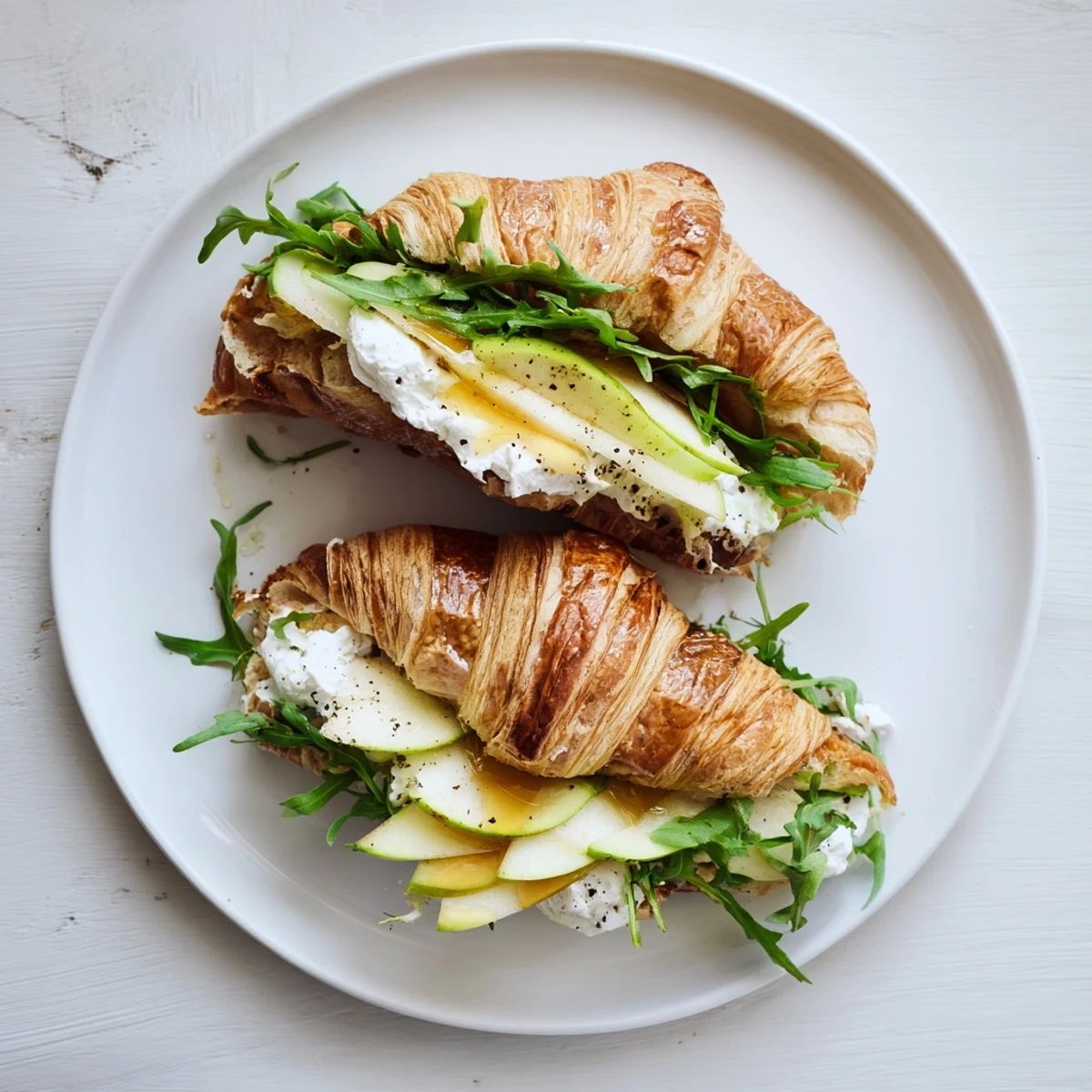 Flaky croissant sandwich layered with creamy goat cheese, crisp apple slices, and fresh arugula for a satisfying French-inspired lunch.