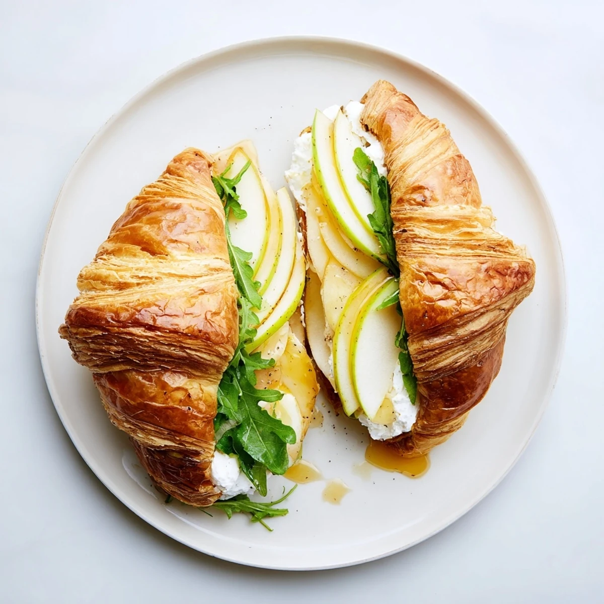 Golden apple goat cheese croissant sandwich topped with peppery arugula and drizzled honey on a rustic wooden board.
