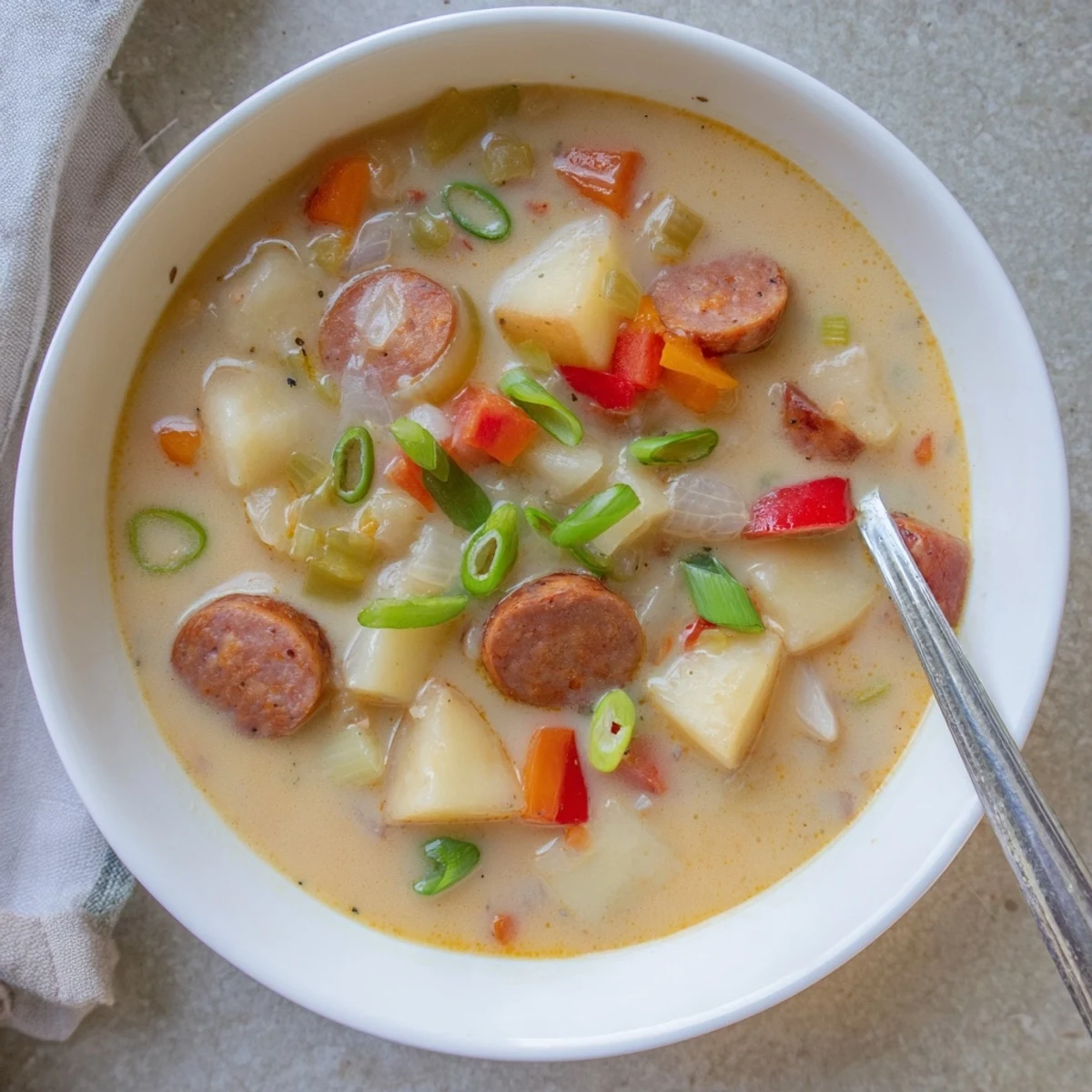 Creamy bowl of spicy Cajun potato soup with andouille sausage and garnished green onions