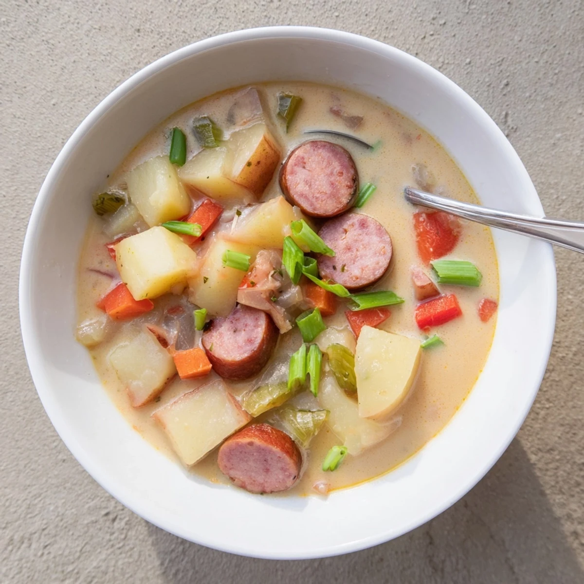 Thick hearty Cajun potato soup filled with tender vegetables and sliced smoked sausage