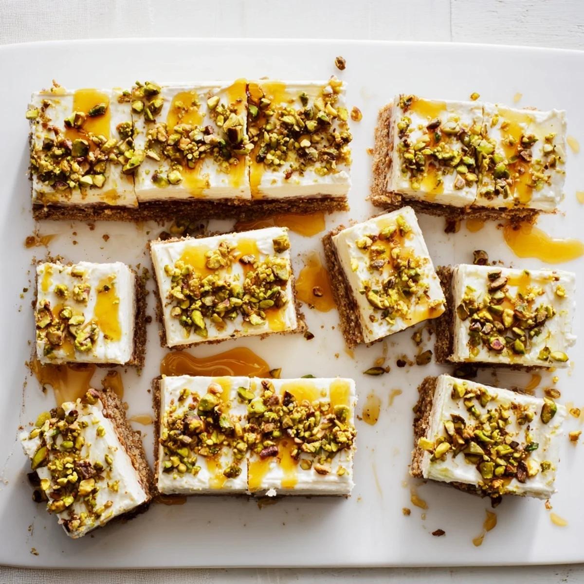 Golden Greek honey pistachio cheesecake bars topped with crunchy nuts on a white plate