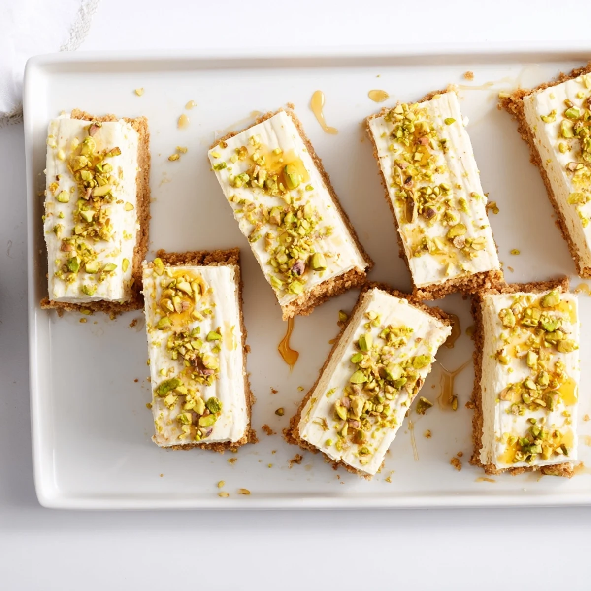 Creamy cheesecake squares drizzled with warm honey and sprinkled with green pistachios