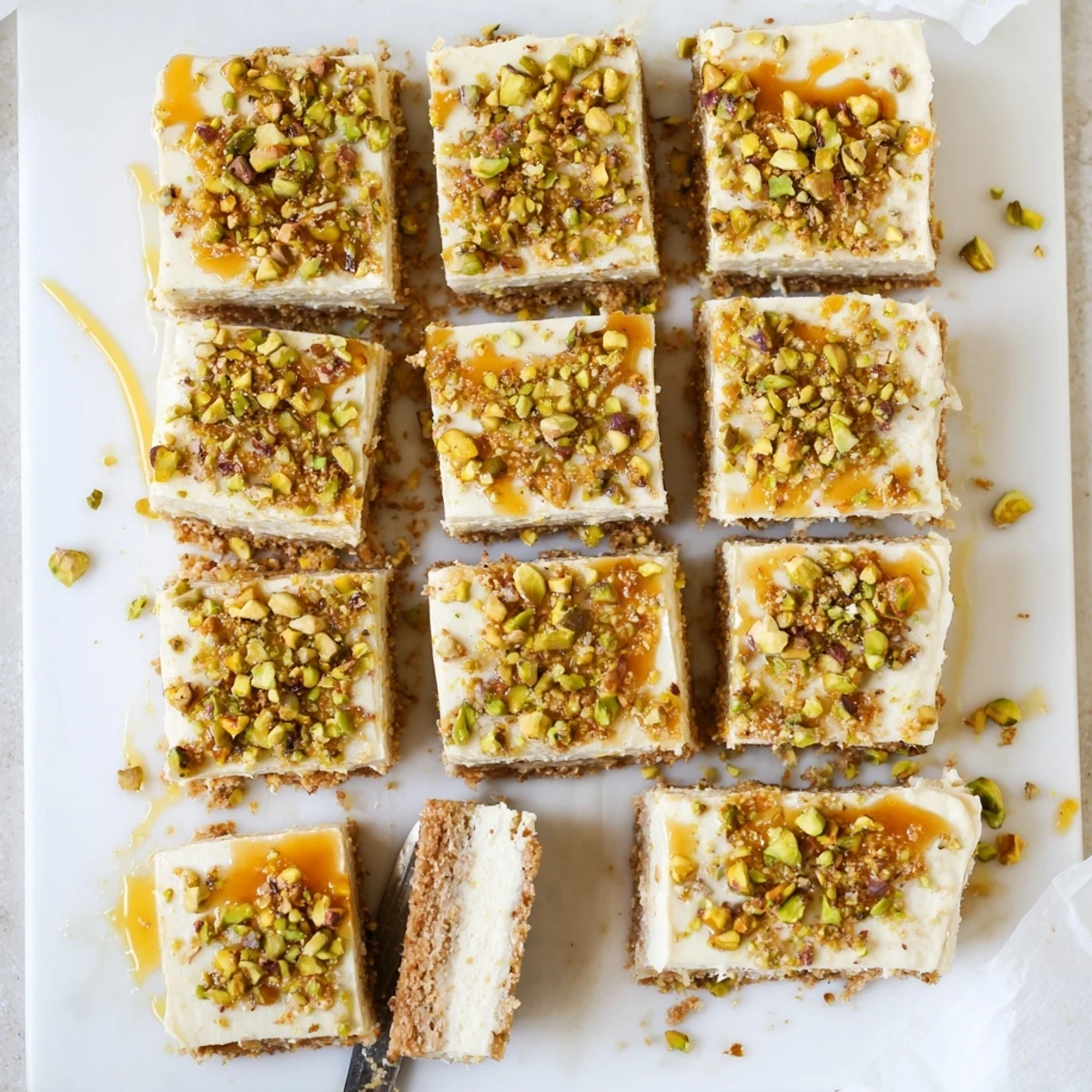 Sliced Greek honey pistachio cheesecake bars showing buttery crust and smooth filling