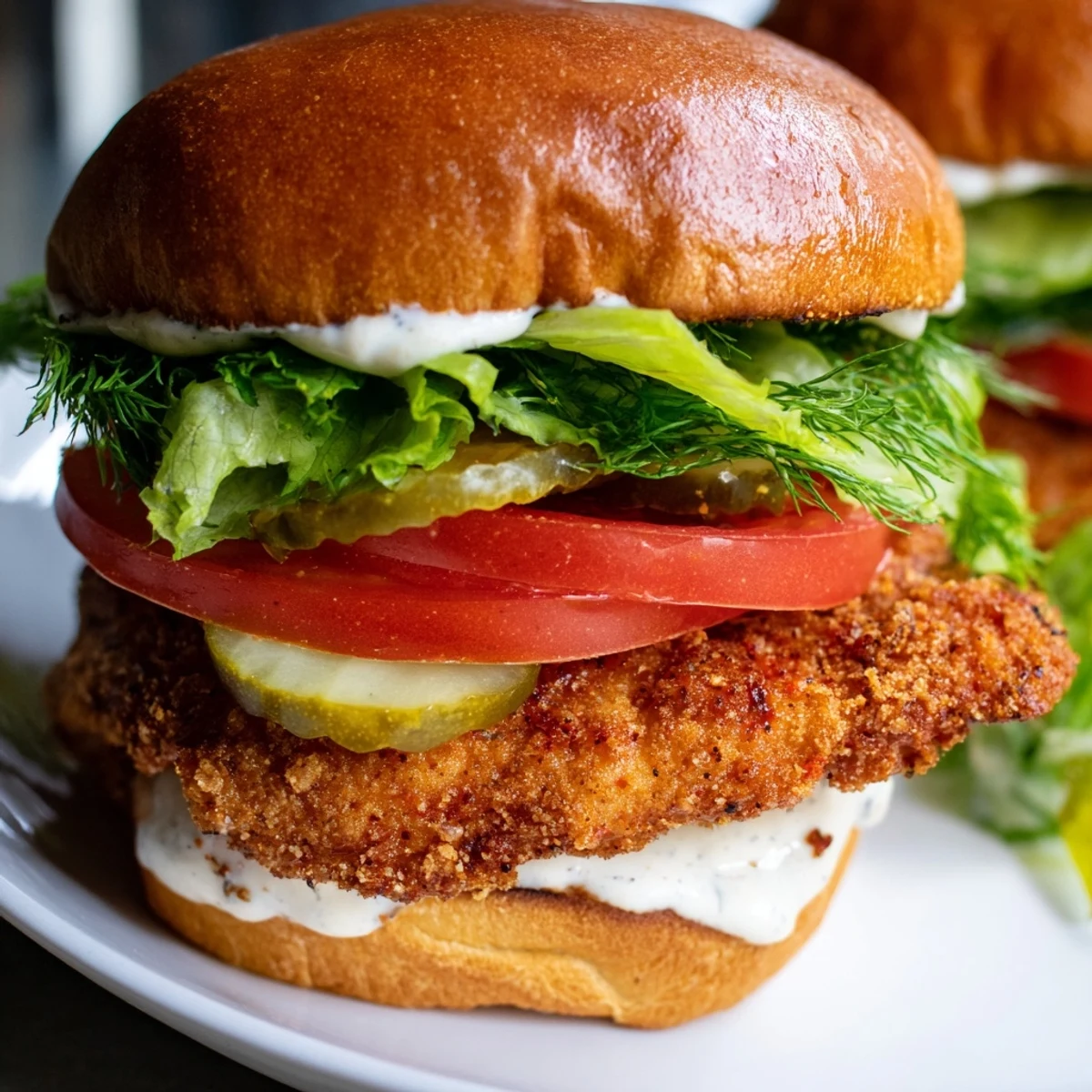 Spicy fried chicken breast sandwich with garlic aioli, crisp lettuce, tomato, and dill pickles