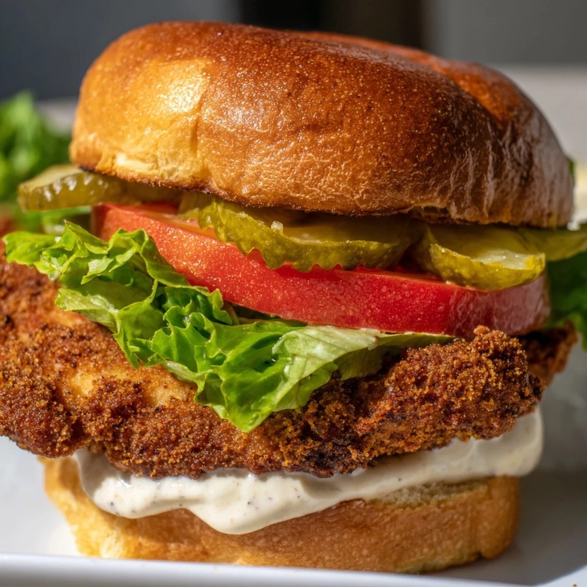 Homemade Cajun chicken sandwich featuring crunchy fried chicken and tangy garlic aioli sauce