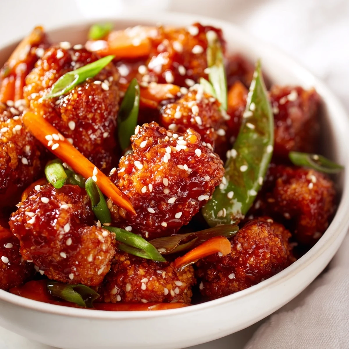Golden crispy General Tsos cauliflower bowls drizzled with tangy red sauce over fluffy white rice