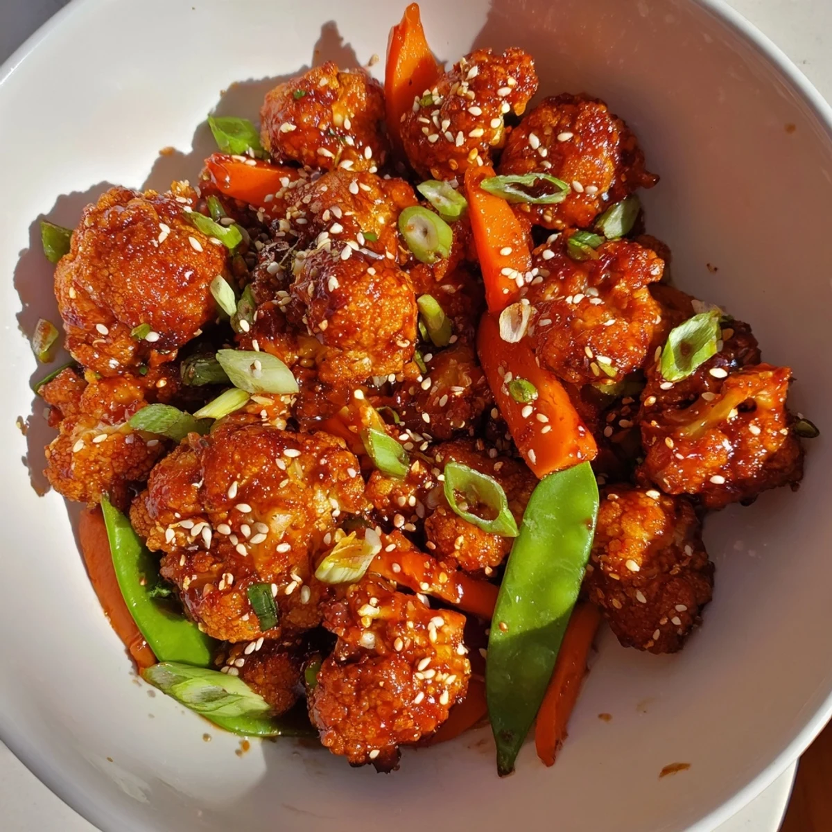 General Tsos cauliflower rice bowl topped with crunchy panko crusted bites sesame seeds and sliced green onions