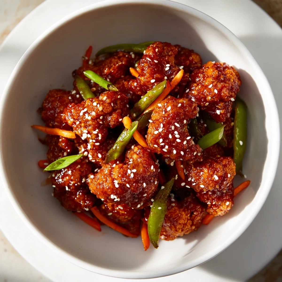 Vegan General Tsos cauliflower florets coated in sweet spicy glaze alongside fresh julienned carrots and snow peas