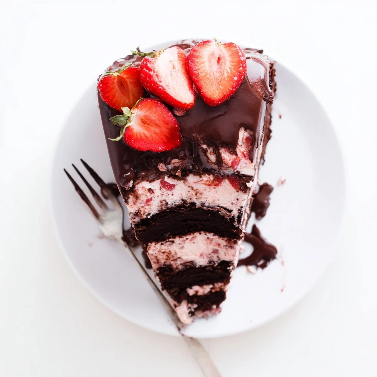 Decadent chocolate covered strawberry ice cream cake topped with fresh berries and dark chocolate drizzle