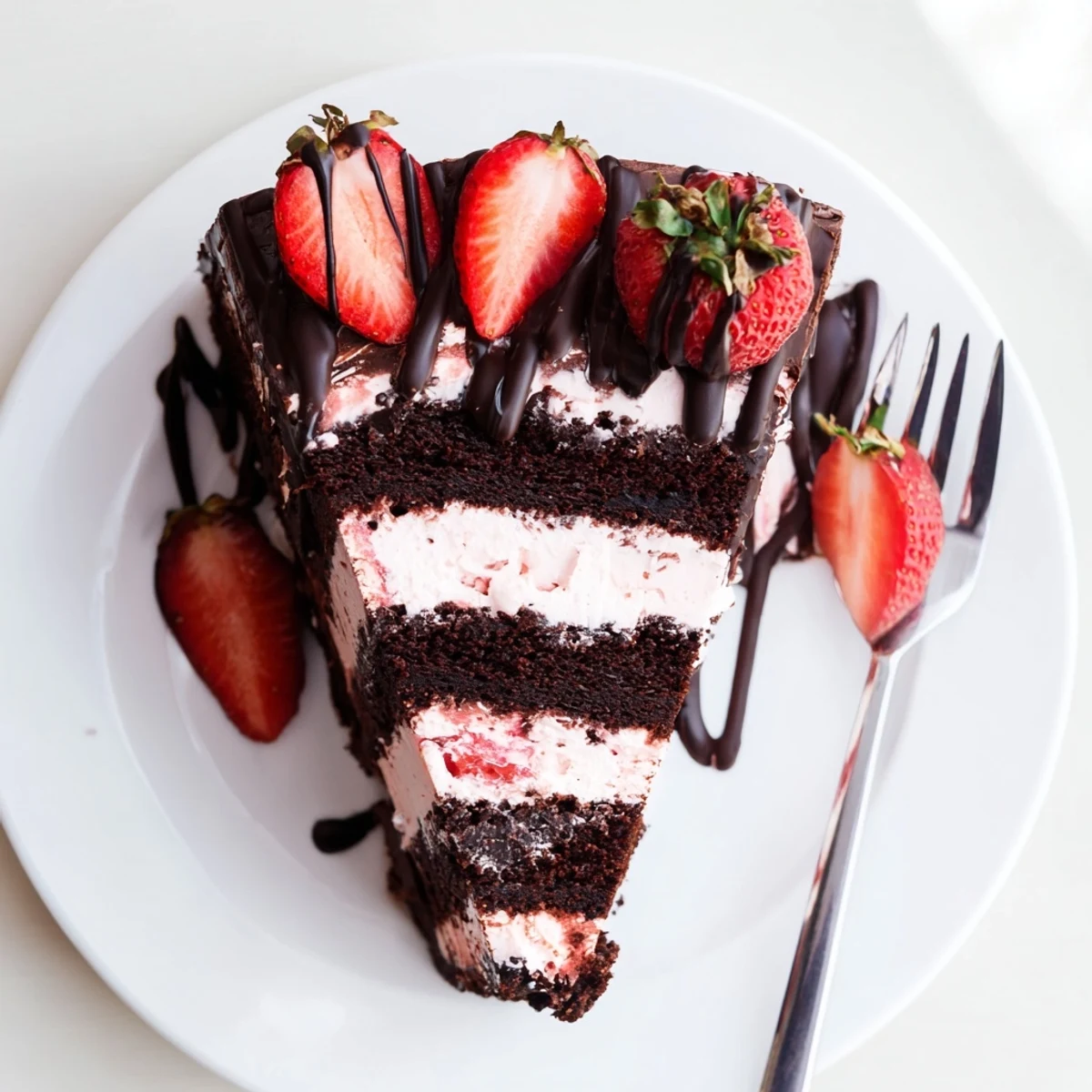 Frozen chocolate covered strawberry ice cream cake displaying crisp chocolate shell over creamy pink layers