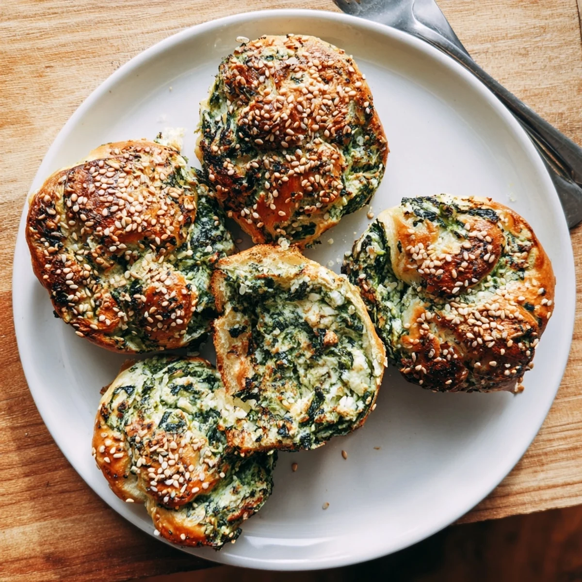 Golden brown spinach cottage cheese flagels topped with sesame seeds on a white baking sheet