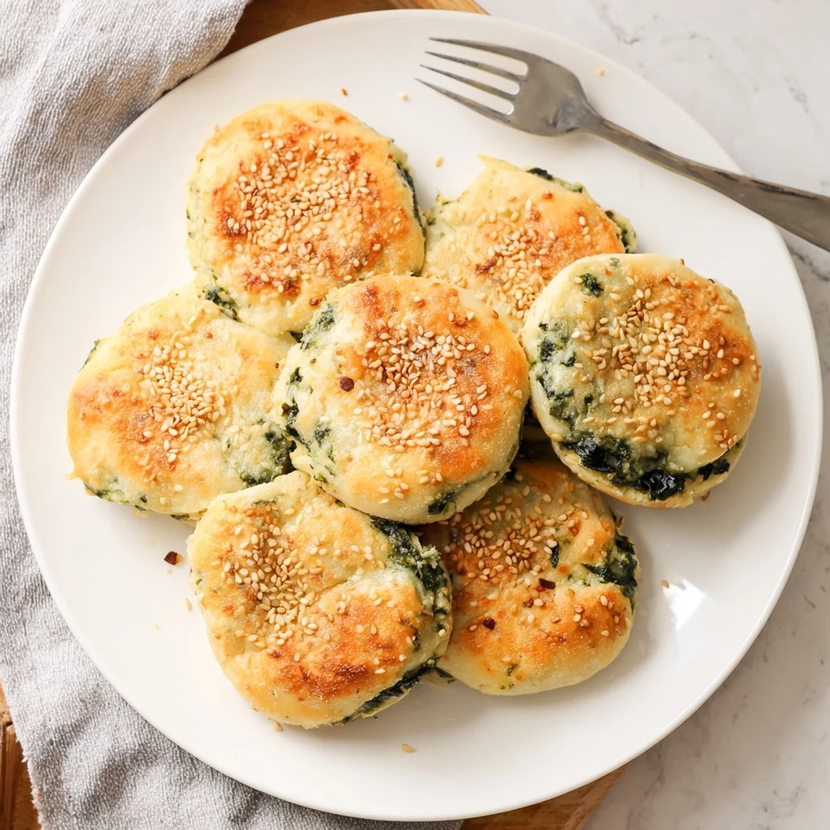 Freshly baked spinach cottage cheese flagels with green speckled filling and shiny egg wash glaze