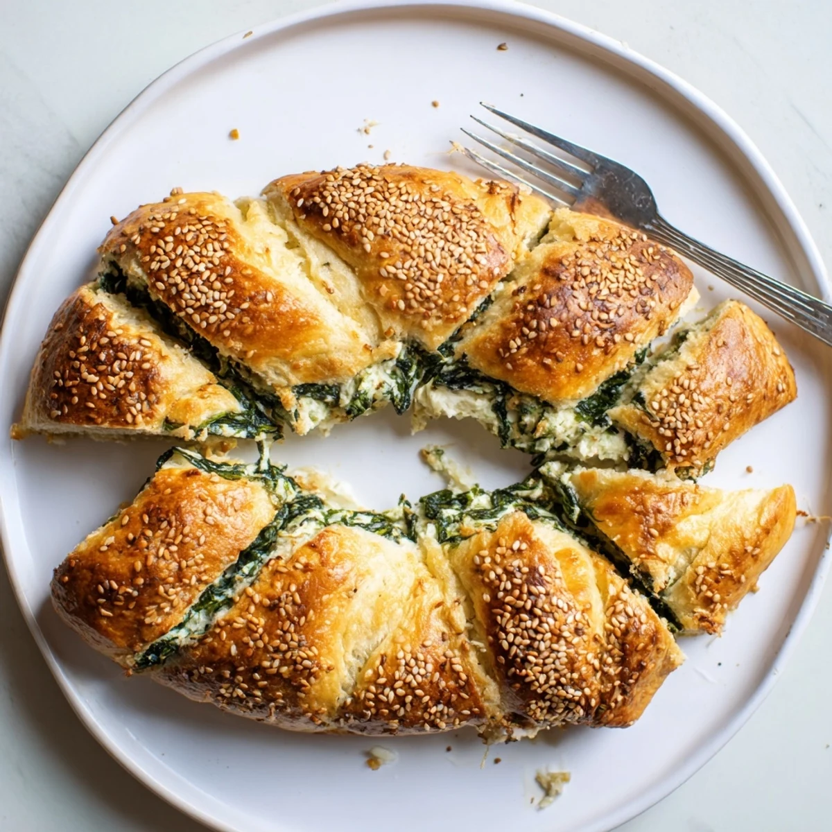 Chewy flatbagel hybrid filled with creamy spinach cottage cheese mixture, golden and warm from oven
