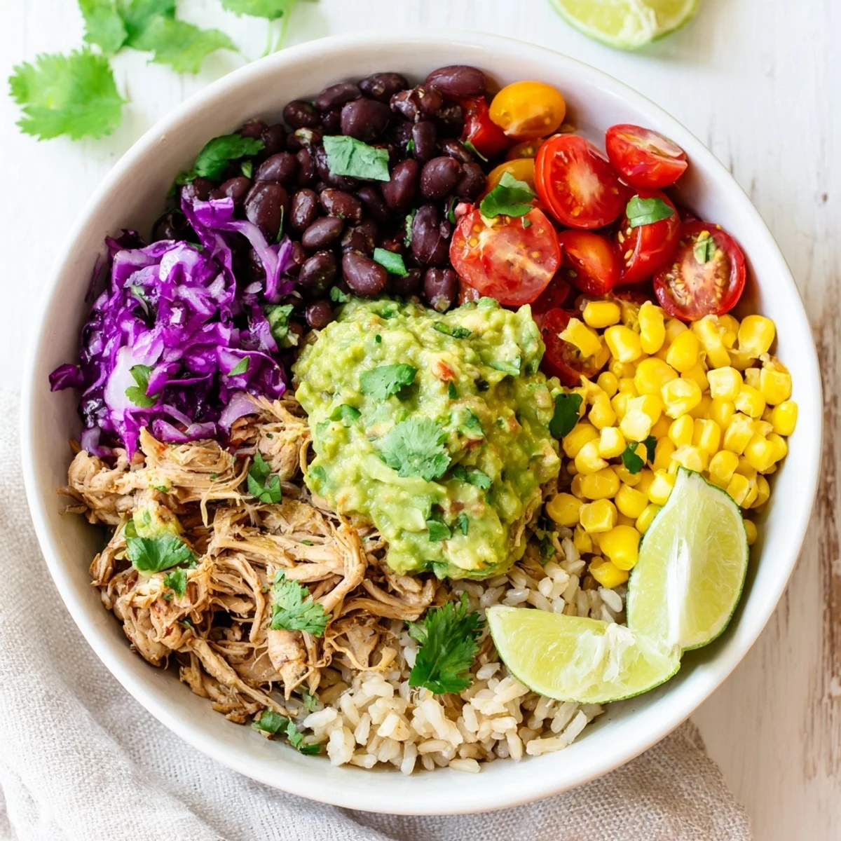 Hearty Pulled Chicken Guacamole Bowl featuring shredded seasoned chicken, fresh homemade guacamole, black beans, corn, and crisp vegetables.