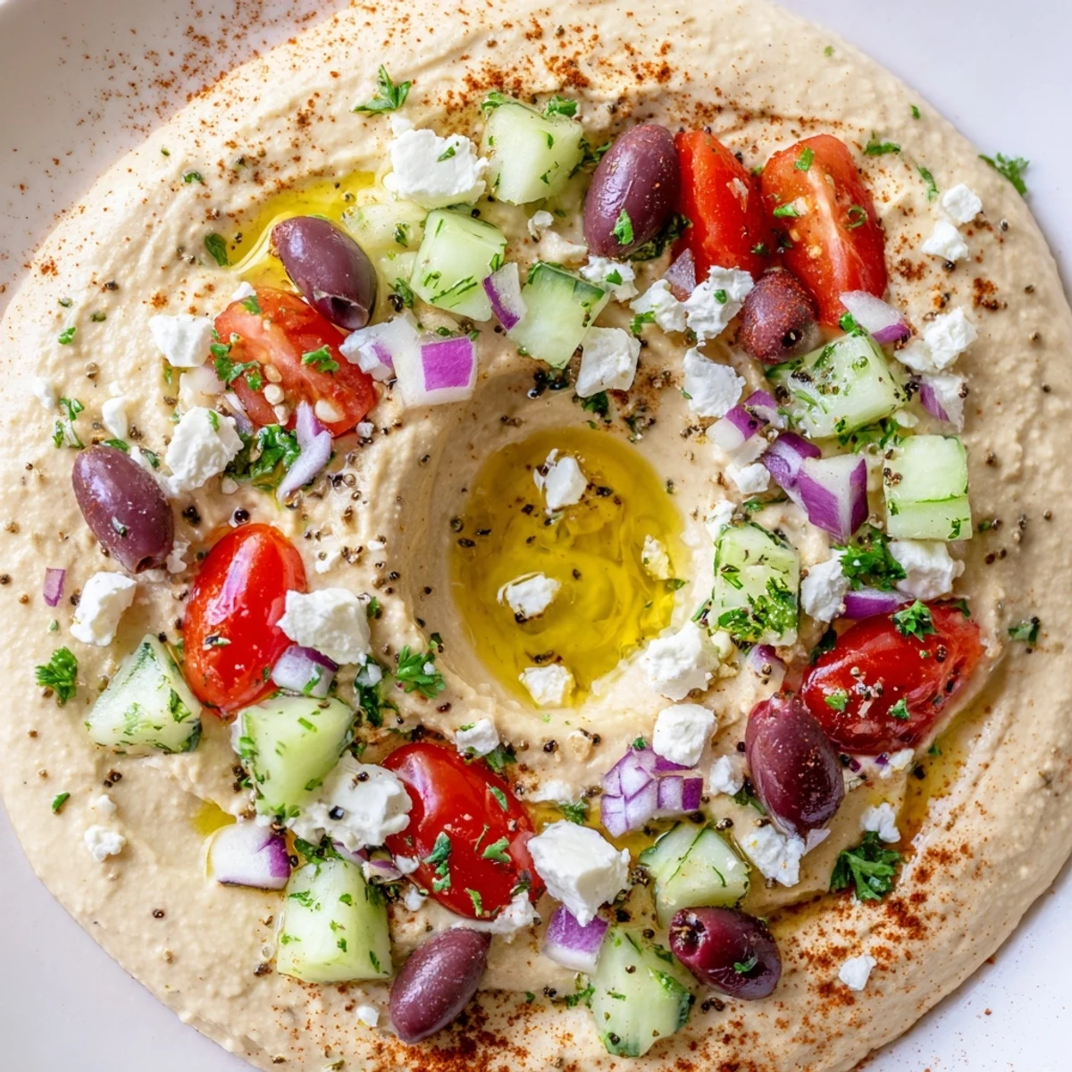 Creamy Greek style loaded hummus topped with fresh tomatoes cucumber olives and crumbled feta cheese