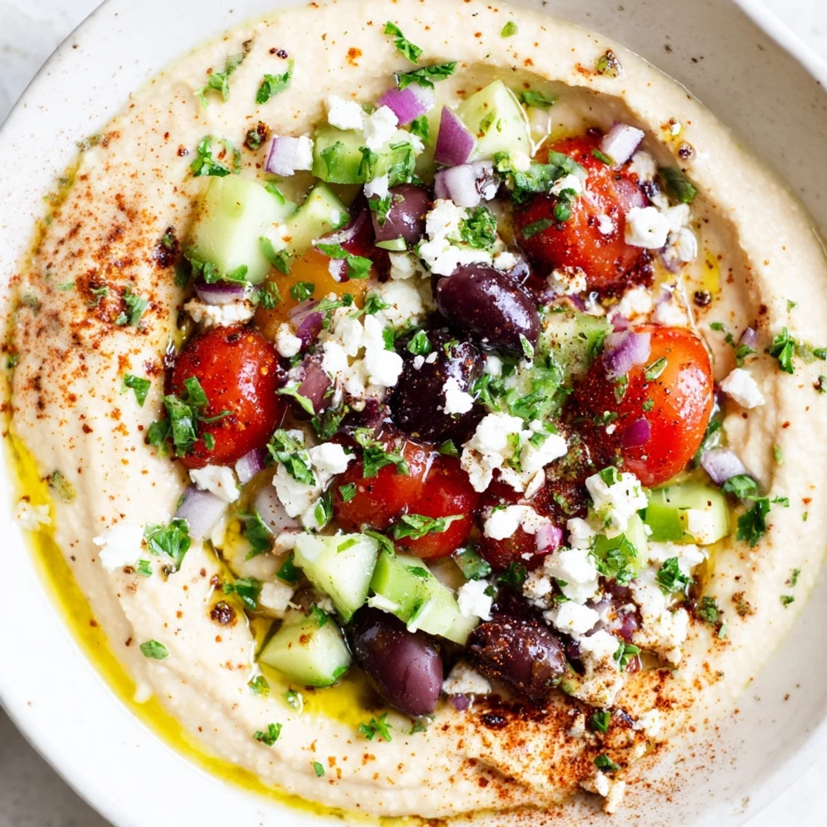 Smooth chickpea dip swirl arranged with diced vegetables red onion and tangy feta topping