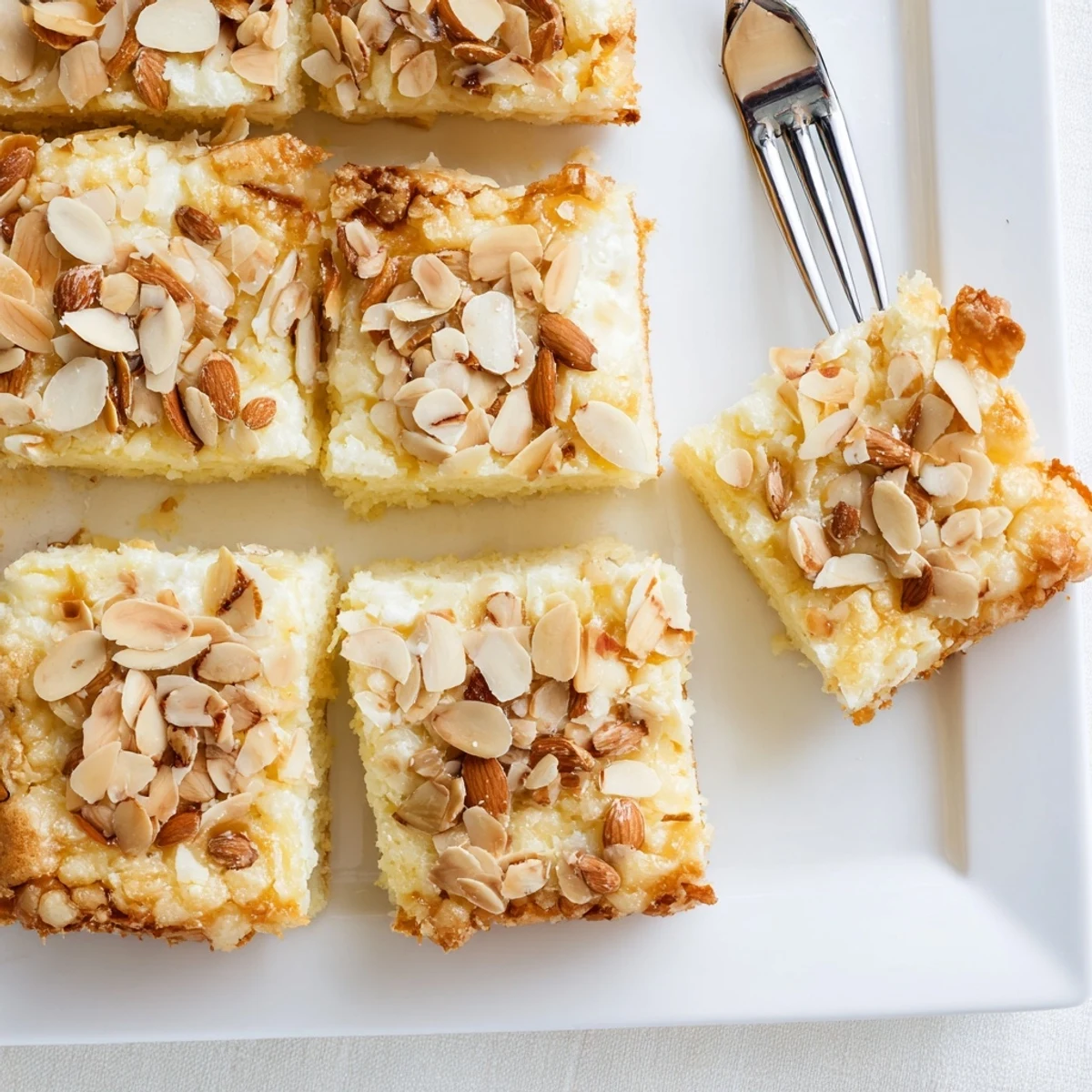 Golden brown easy ricotta cloud squares with toasted almond crunch topping ready to serve