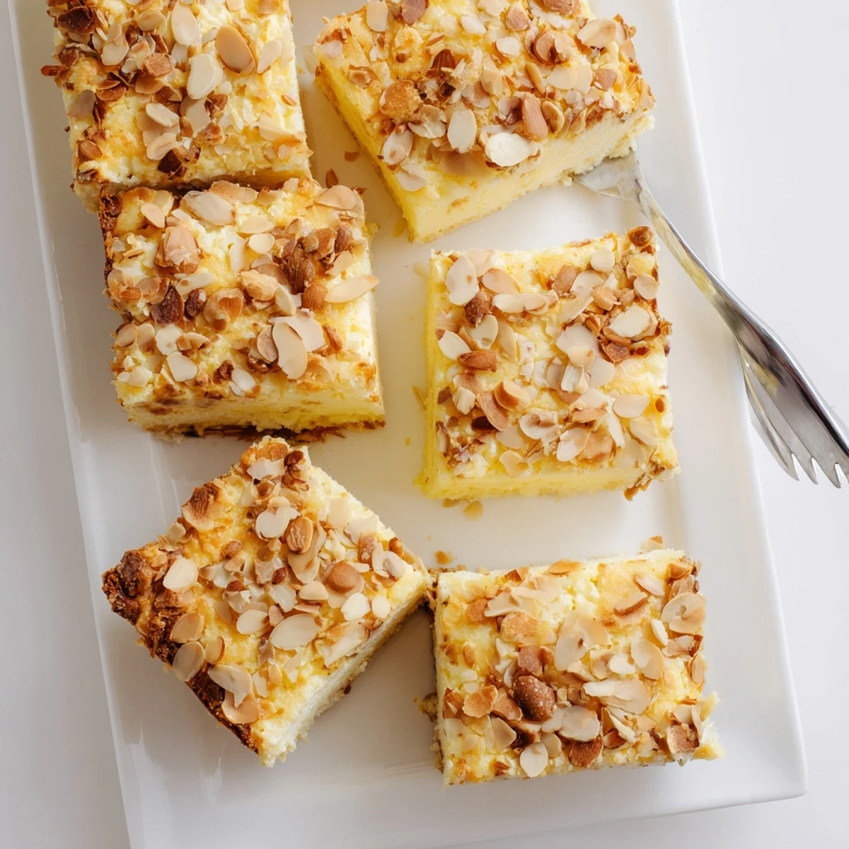 Fluffy white easy ricotta cloud squares baked until golden with sweet almond topping