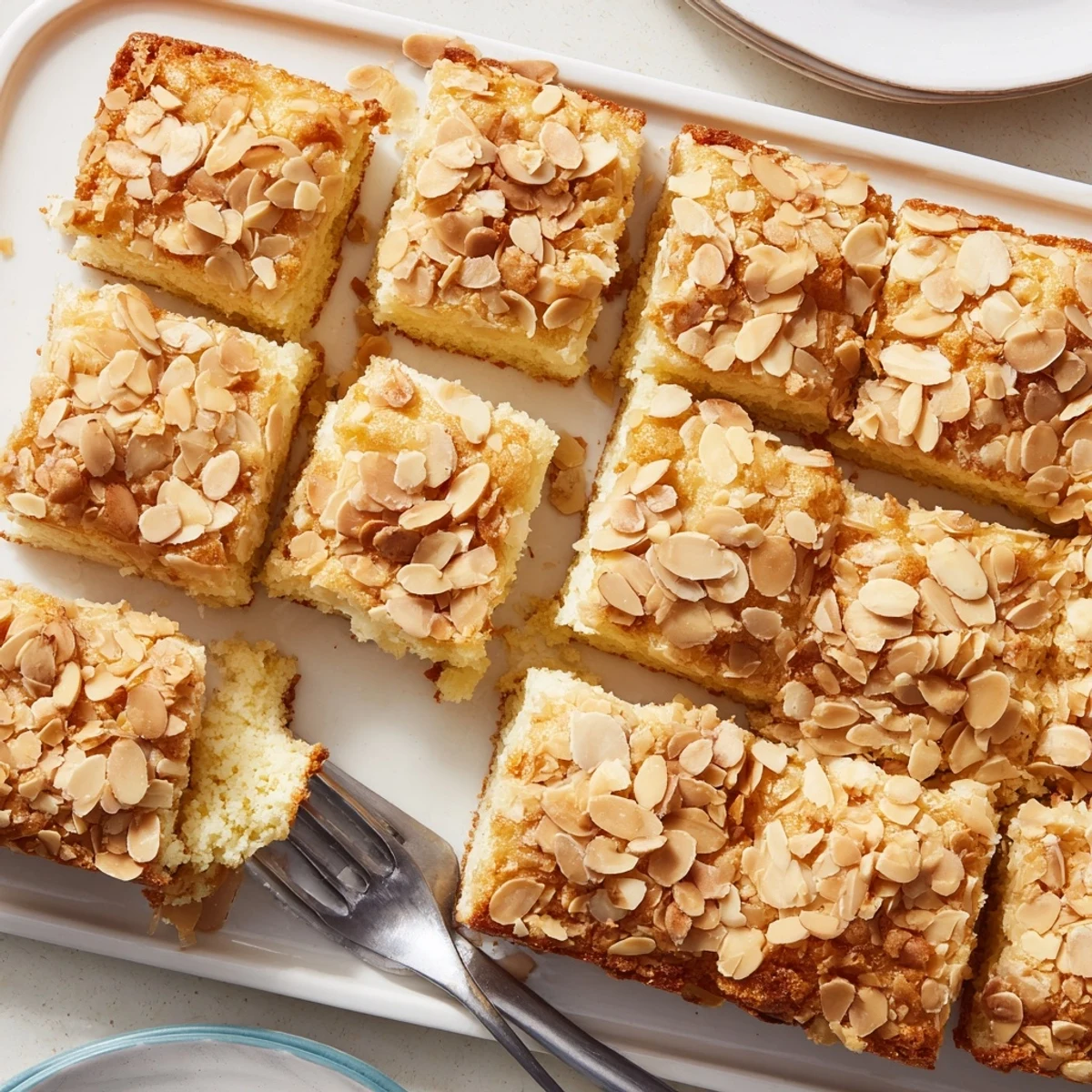 Close-up of easy ricotta cloud squares featuring golden crust and crunchy almond layer