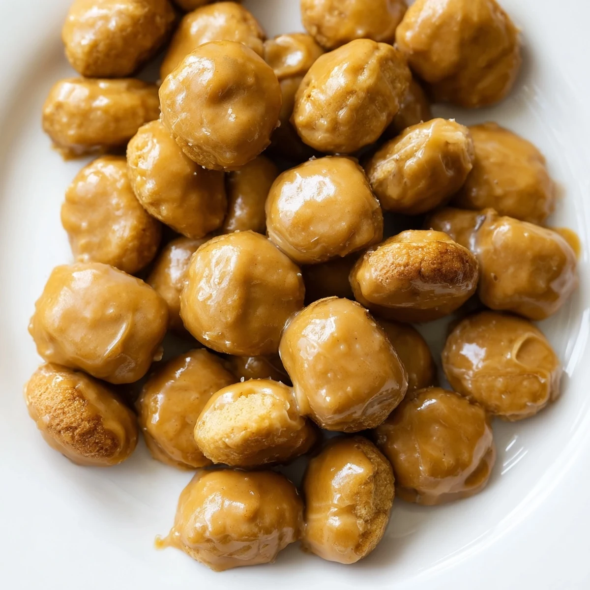 Golden caramel coated oyster crackers piled high on a white serving platter