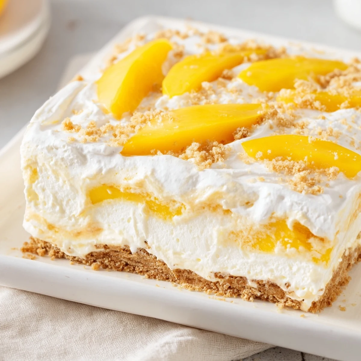 Chilled Filipino mango float dessert featuring alternating layers of whipped cream, soft graham crackers, and vibrant yellow mango