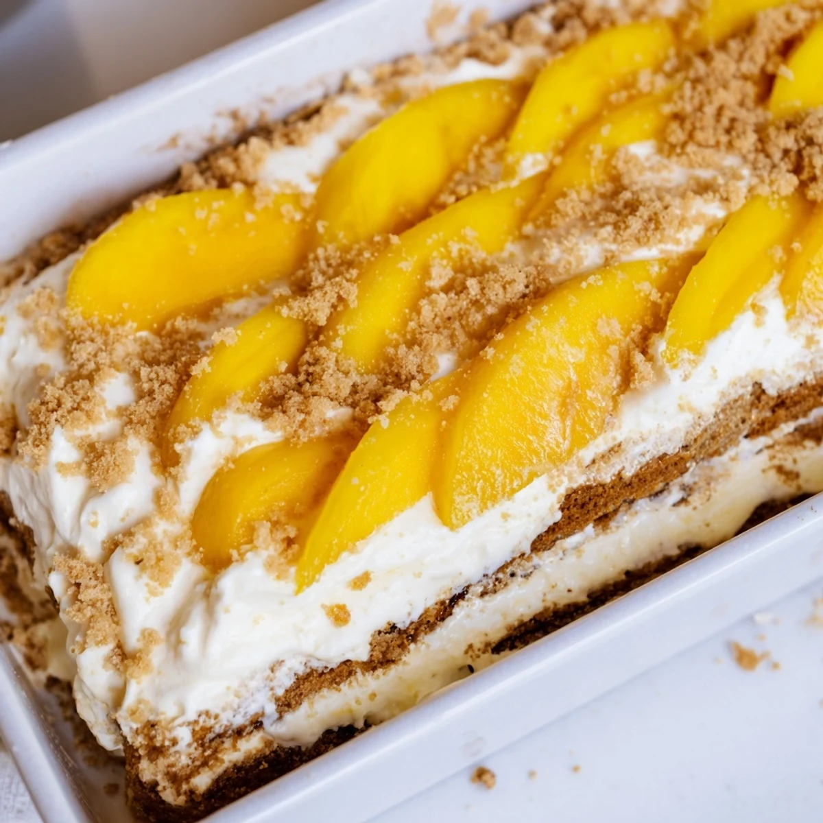 Glass dish showcasing the beautiful layered structure of Filipino mango float with fresh mango topping and crumb garnish