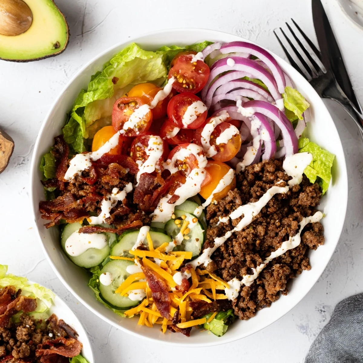 Deconstructed burger bowl with cooked ground beef, romaine, pickles, and homemade sauce.