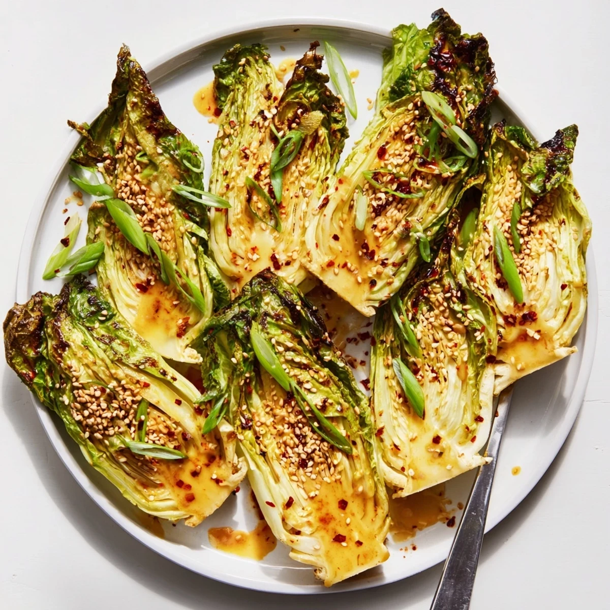 Flavorful miso butter roasted cabbage garnished with green onions and chili flakes for a delicious vegetarian side