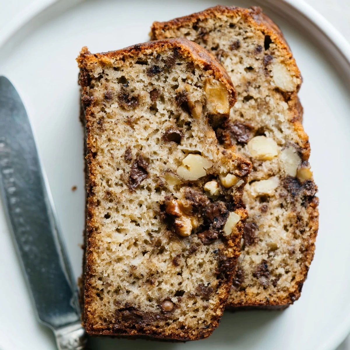 Freshly baked super moist banana bread with dark speckled bananas and golden brown crust