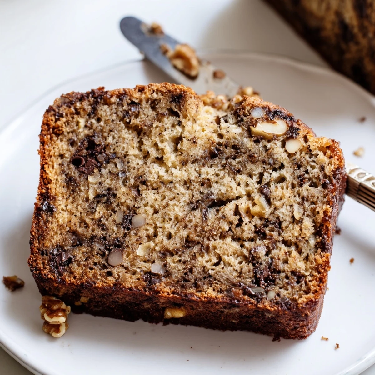 Warm slice of super moist banana bread served on a white plate with melted butter