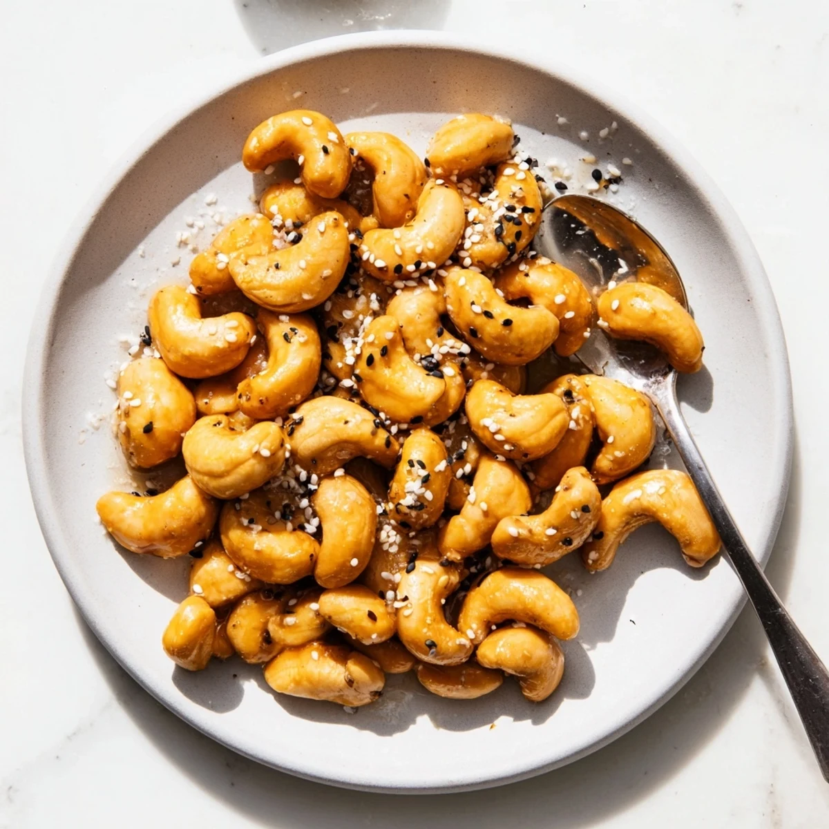 Golden brown honey sesame cashews sprinkled with toasted seeds on a white baking sheet