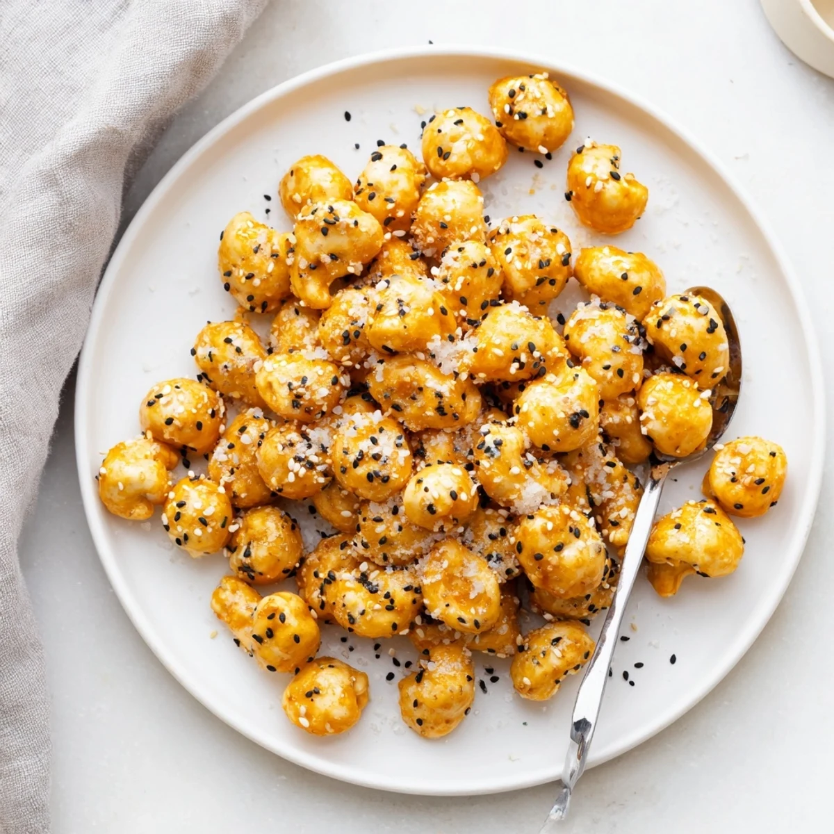 Close up of crunchy honey glazed cashews coated in white and black sesame seeds