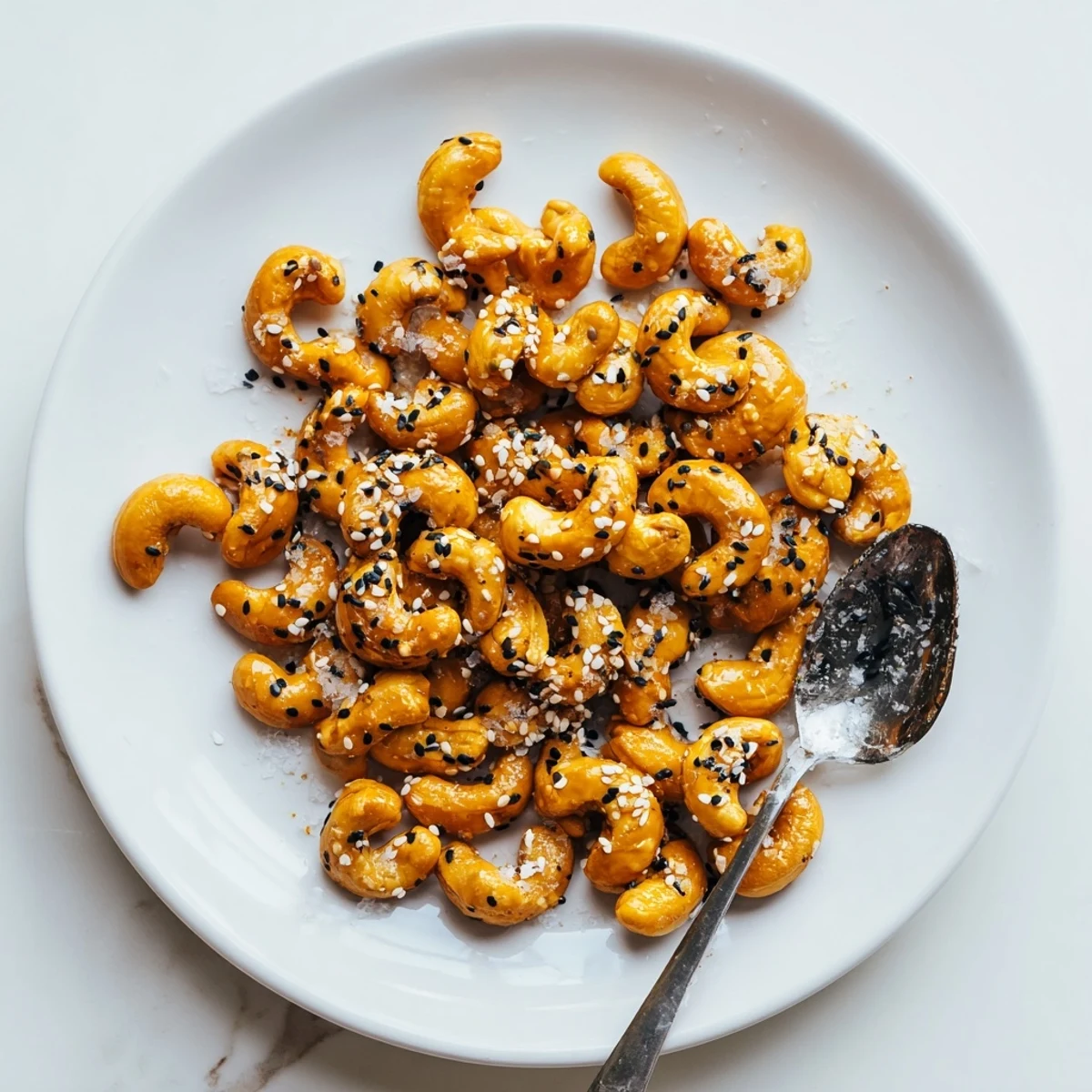 Bowl of sweet sticky honey sesame cashews garnished with flaky sea salt for snacking