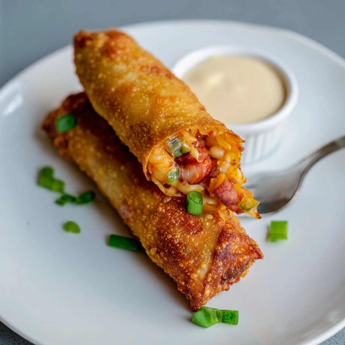 Voodoo Egg rolls served with creamy Cajun dipping sauce on white plate