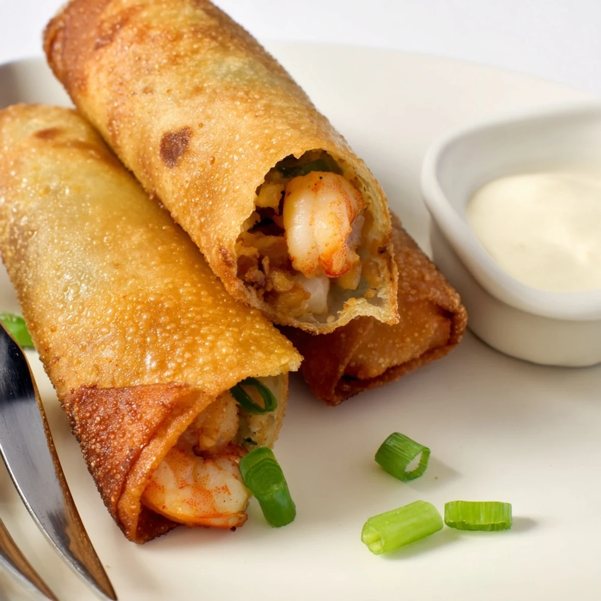 Golden crispy Voodoo Egg rolls filled with spicy andouille sausage and shrimp