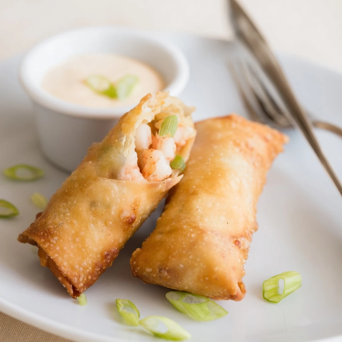 Plate of Voodoo Egg rolls featuring colorful bell peppers and golden fried wrapper