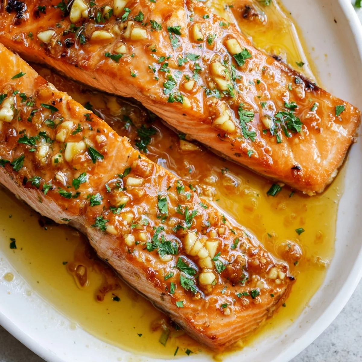 Golden oven-baked salmon fillets glazed with shiny honey lime garlic butter sauce and fresh herbs