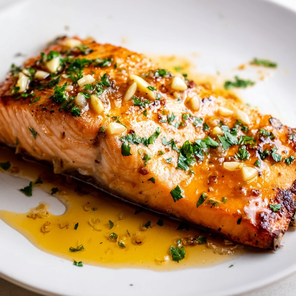 Flaky tender honey lime garlic butter baked salmon served on a white plate with lime wedges