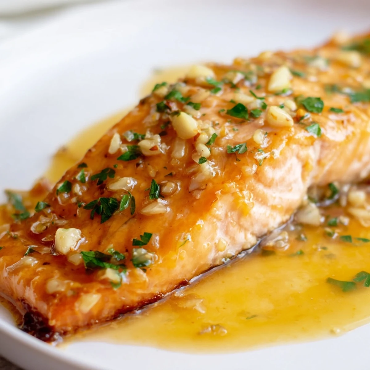 Delicious honey lime garlic butter baked salmon with caramelized edges and chopped parsley garnish
