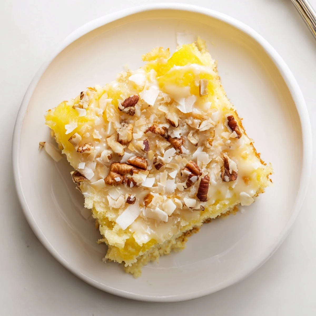 Golden Texas Tornado Cake topped with buttery sauce and toasted pecans