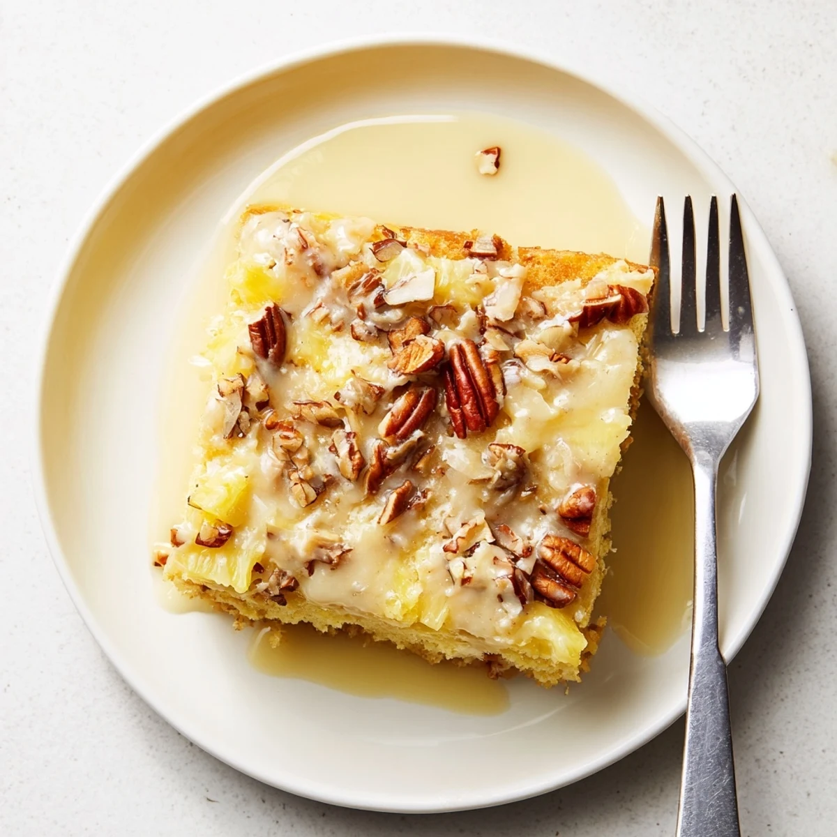 Moist Southern pineapple coconut cake soaking warm vanilla cream topping