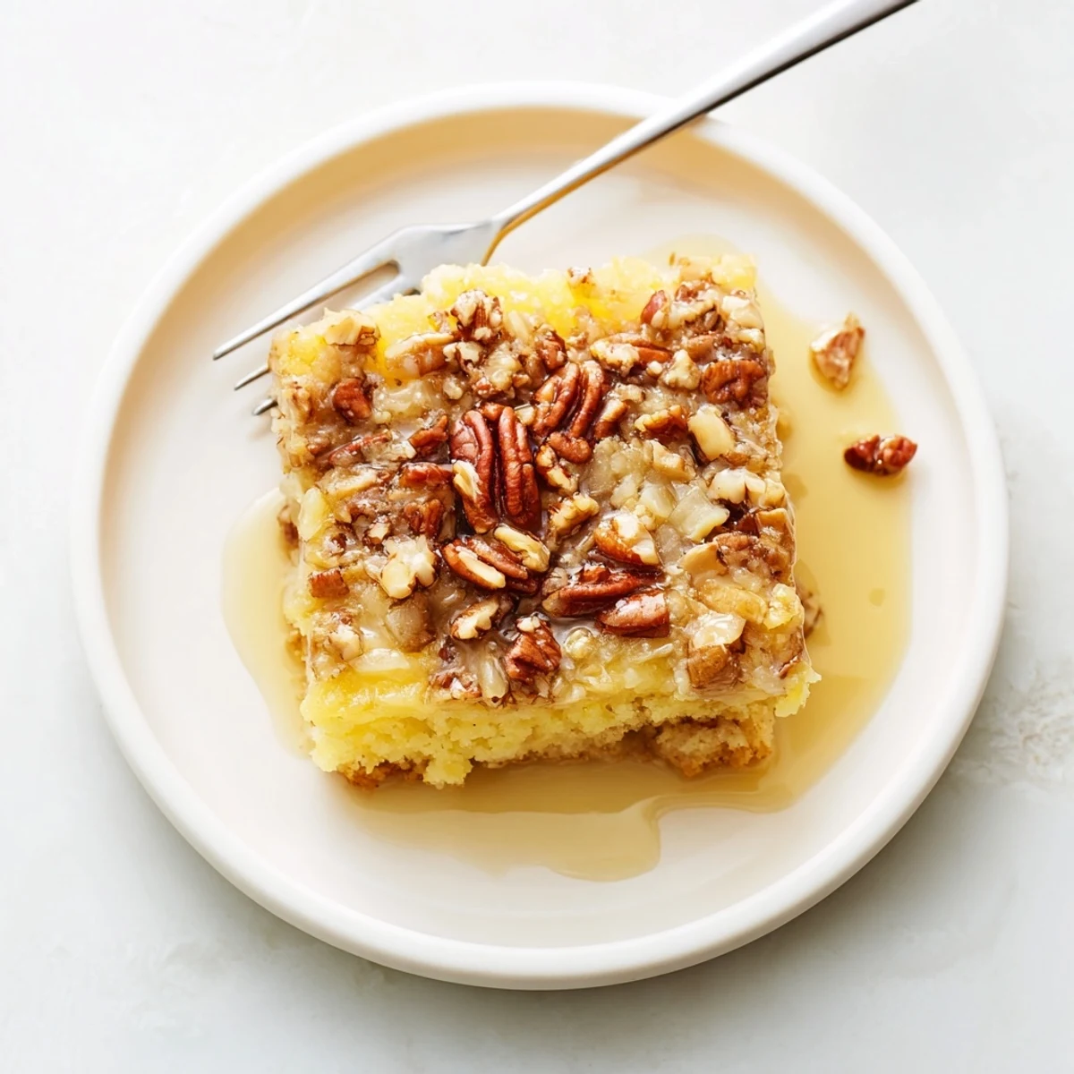 Slice of old-fashioned Texas Tornado Cake with gooey butter pecan glaze