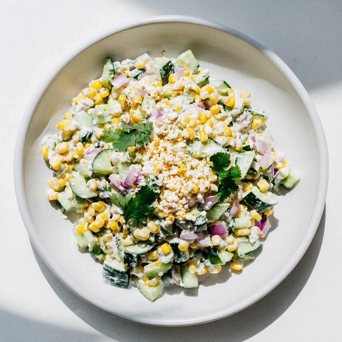 Colorful street corn creamy cucumber salad featuring charred corn kernels and crisp diced cucumbers in tangy lime dressing