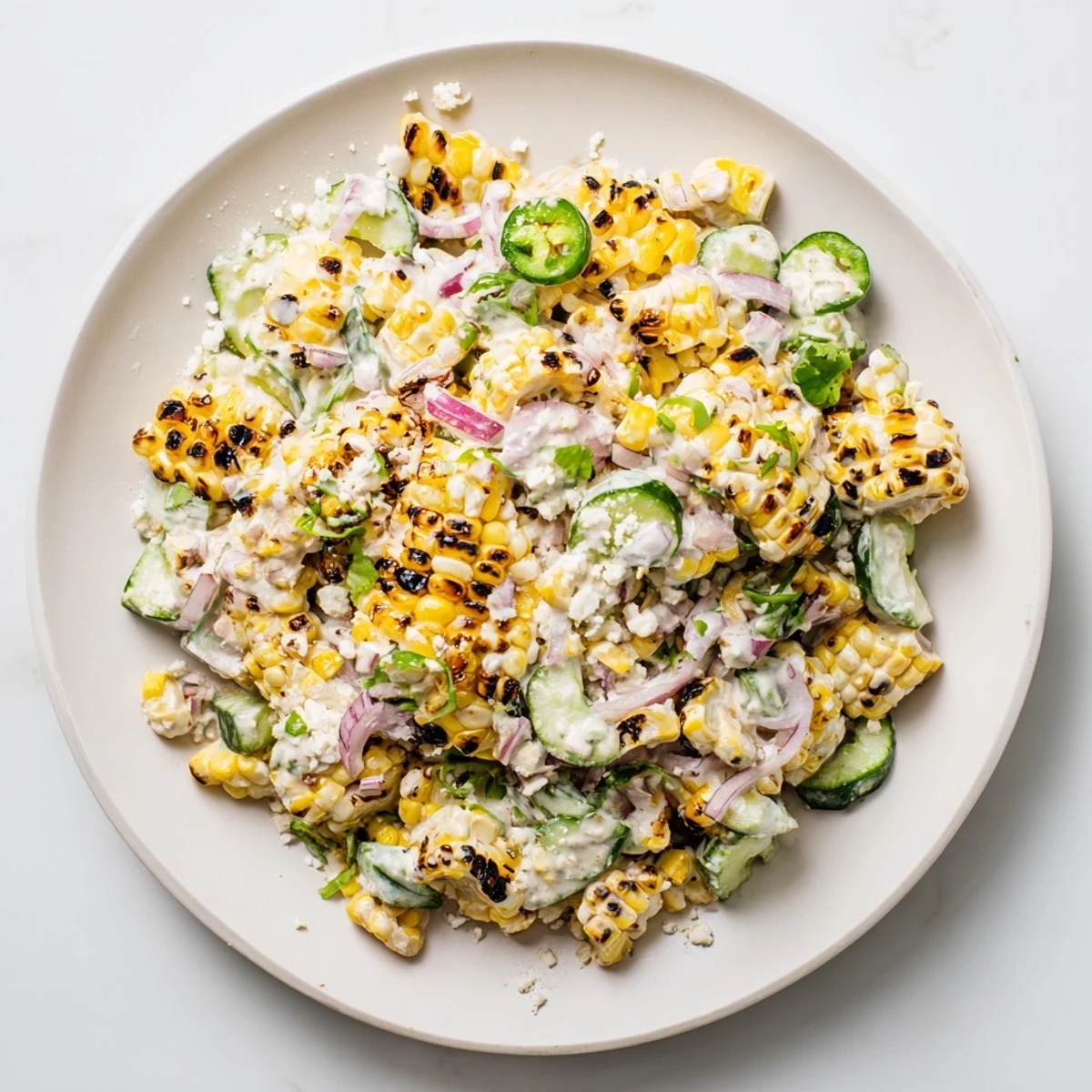Refreshing street corn creamy cucumber salad bowl topped with crumbled cotija cheese and fresh cilantro garnish