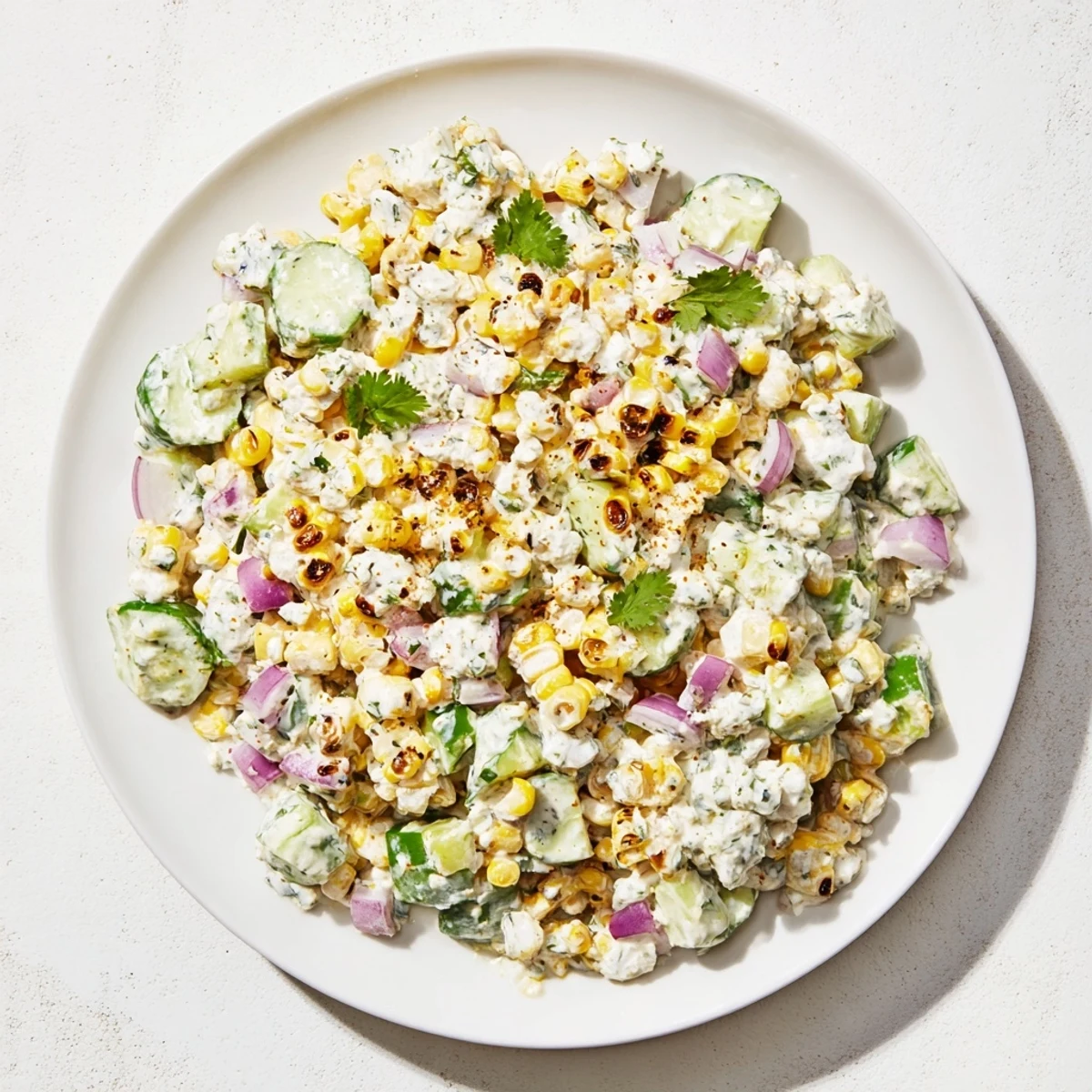 Summer street corn creamy cucumber salad with zesty seasoned coating and vibrant vegetables in white serving dish