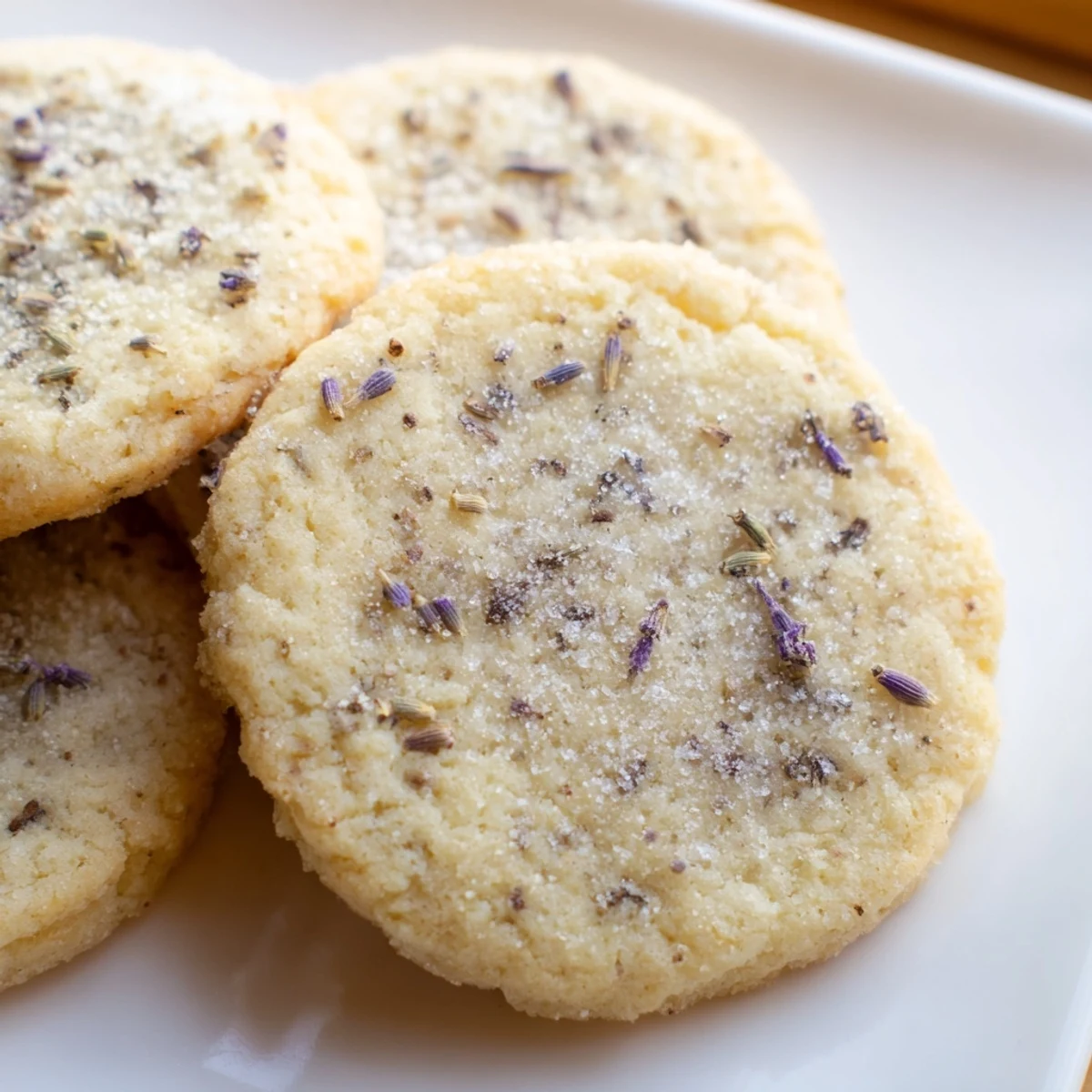 Golden lemon lavender cookies dusted with powdered sugar on a cooling rack