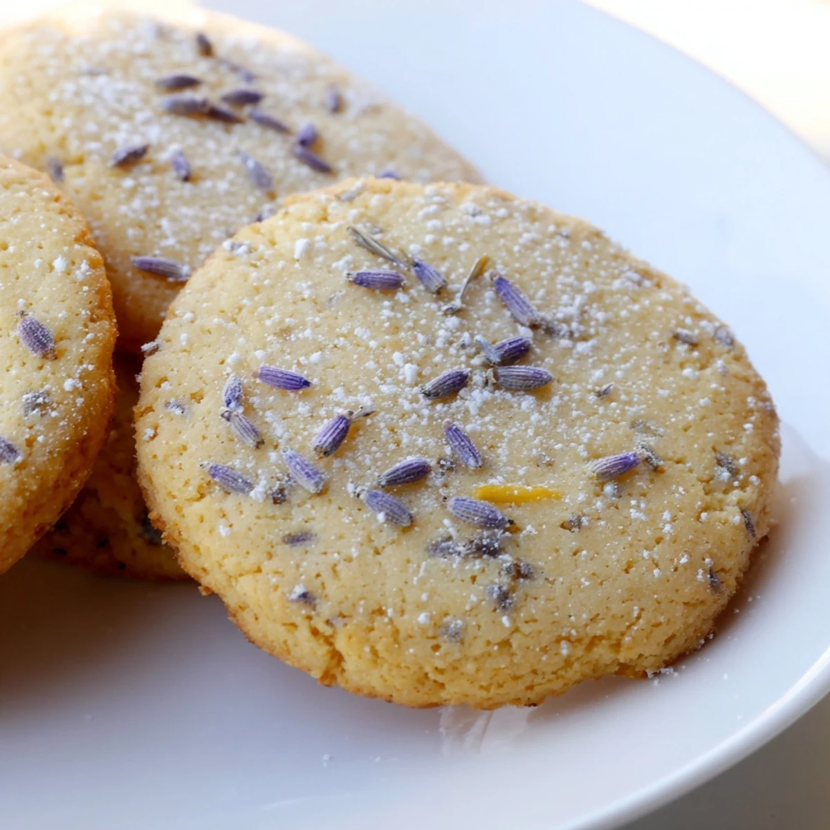 Stack of pale lemon lavender cookies with vibrant yellow lemon zest sprinkled on top